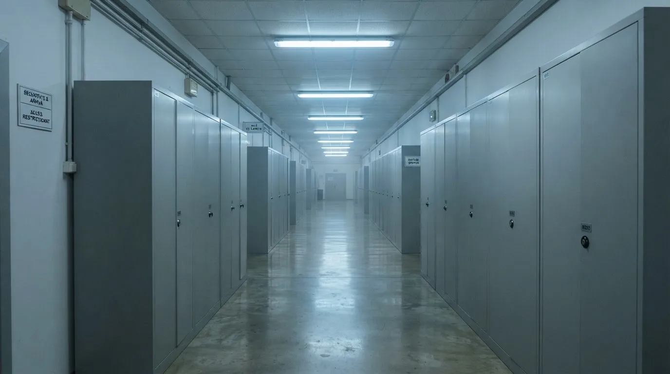 Un șir de dulapuri metalice încuiate pe un coridor lung, luminat de neoane palide — 10 lei depunere la cazinou în romania