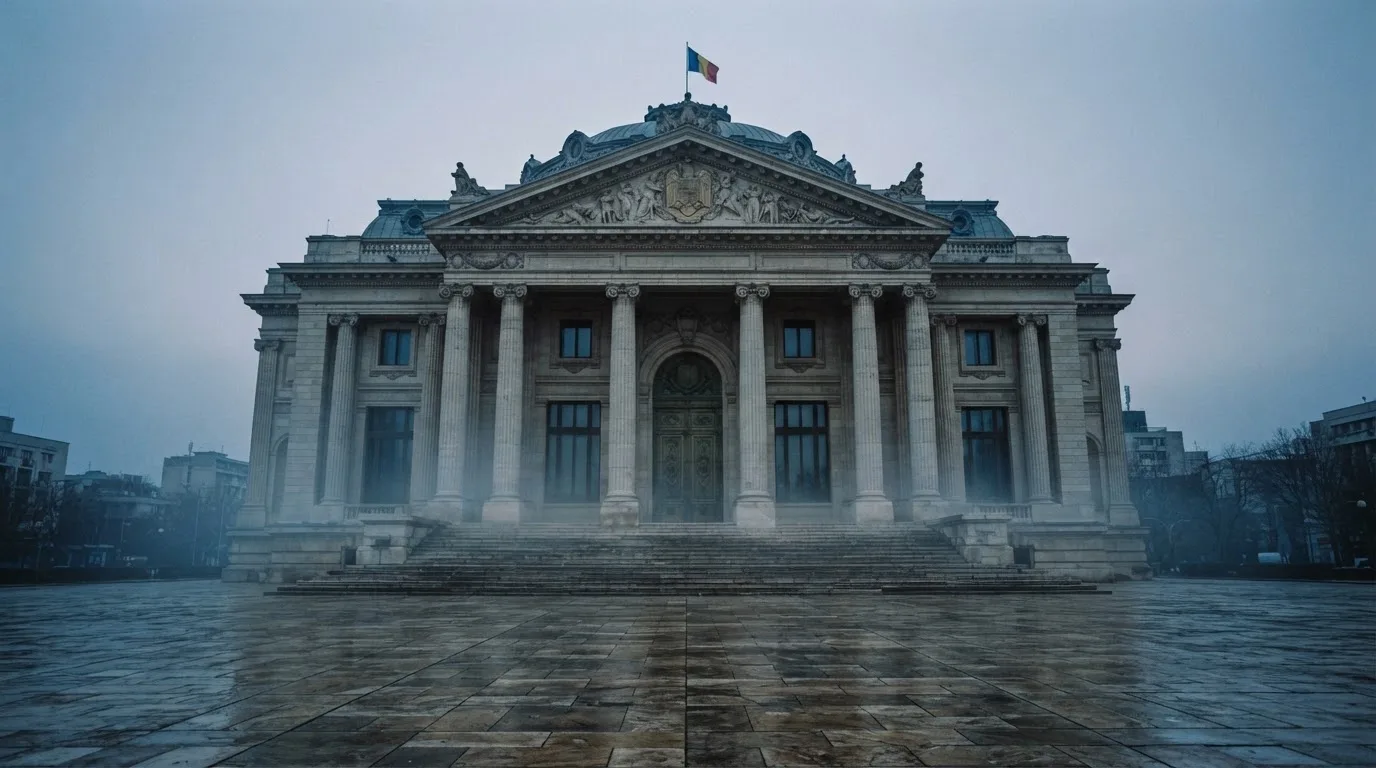 Fațada de piatră a unei clădiri guvernamentale din București, în lumina rece a zorilor — 20 rotiri gratuite în romania