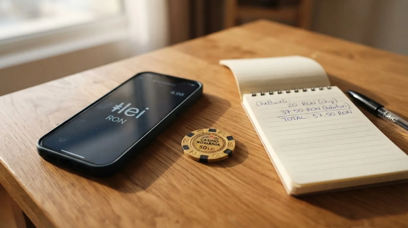 Smartphone așezat pe o masă de lemn lângă o monedă aurie și un calculator de buzunar, în lumina unei ferestre.