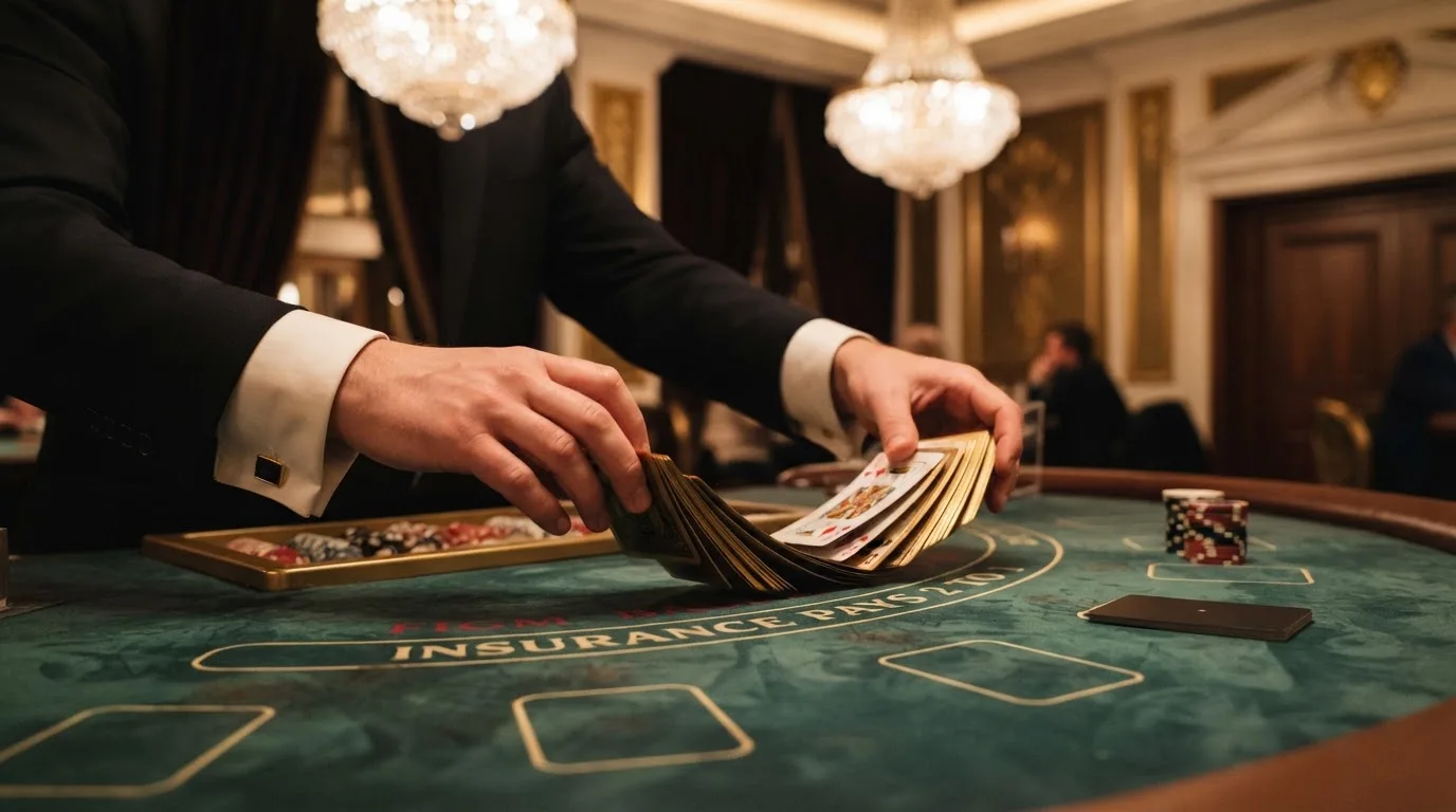 Mâinile unui crupier amestecă cărțile sub candelabrele unui cazinou elegant — blackjack reguli pentru români