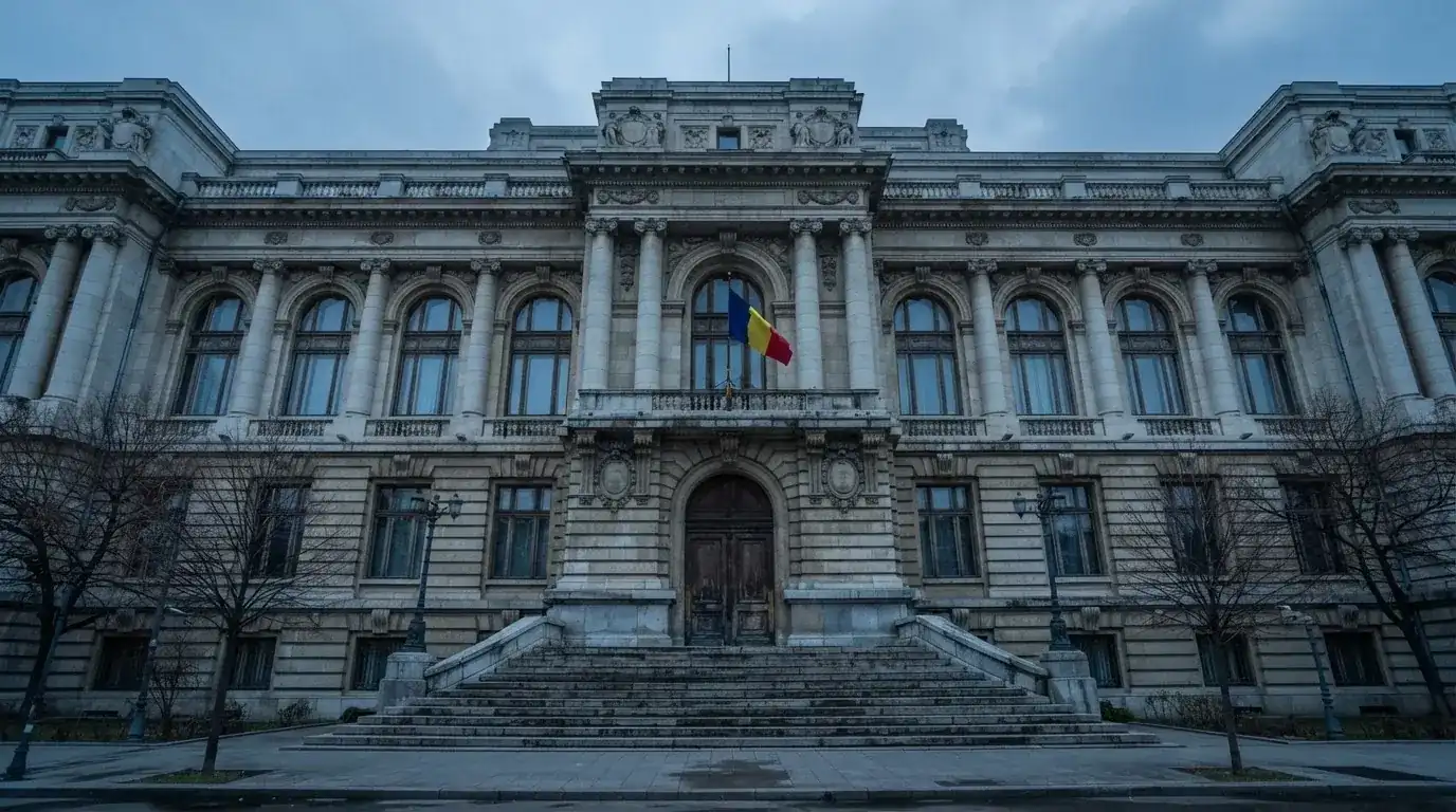Fațada de piatră a unei clădiri guvernamentale din București, în lumina rece a zorilor — blackjack reguli pentru români