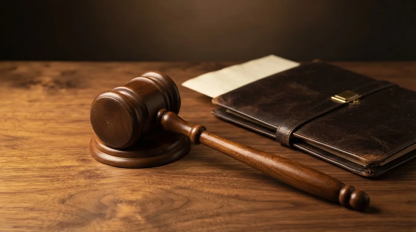 Un ciocan de judecător lângă un dosar de piele închis, pe o masă de nuc lustruit — bune cazinouri în românia