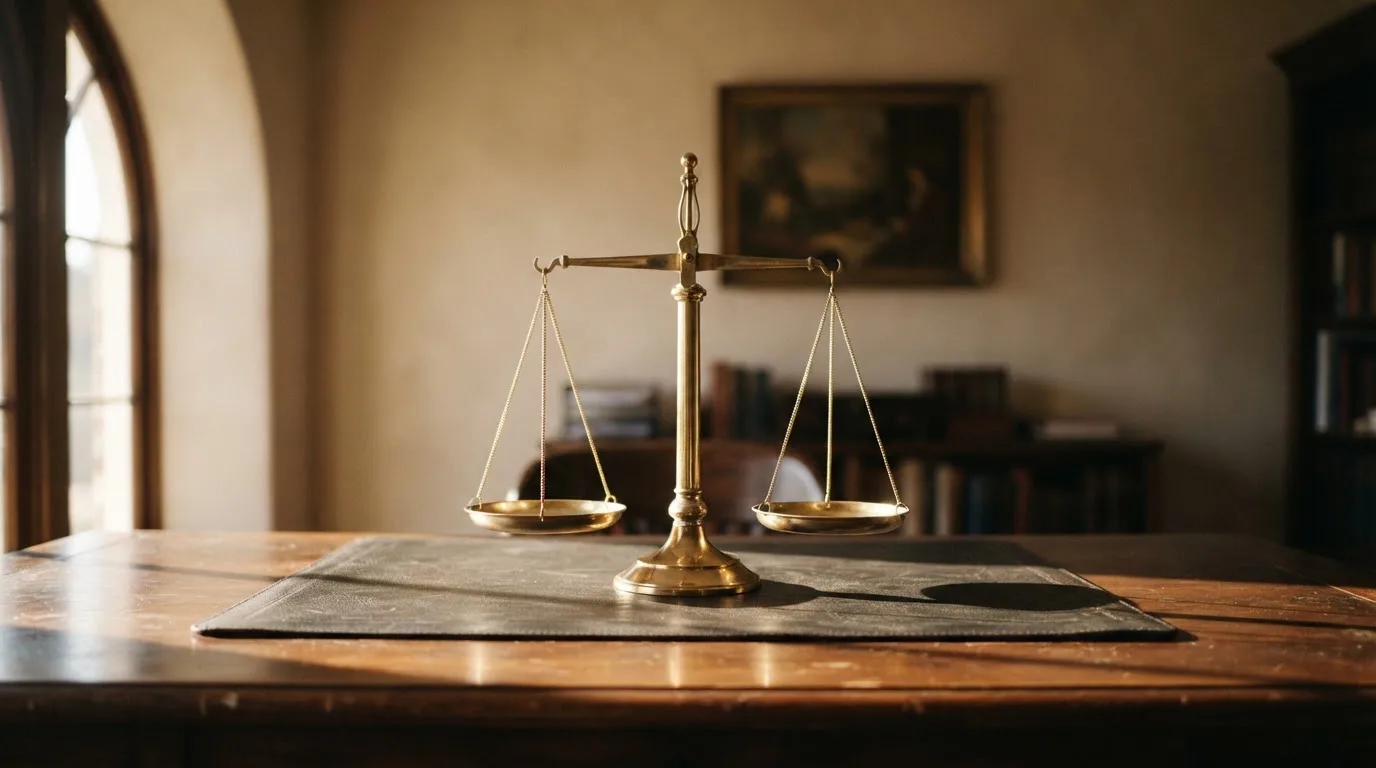 O balanță de alamă pe un birou de lemn, în lumina piezișă a unei ferestre înalte — casinouri online în romania