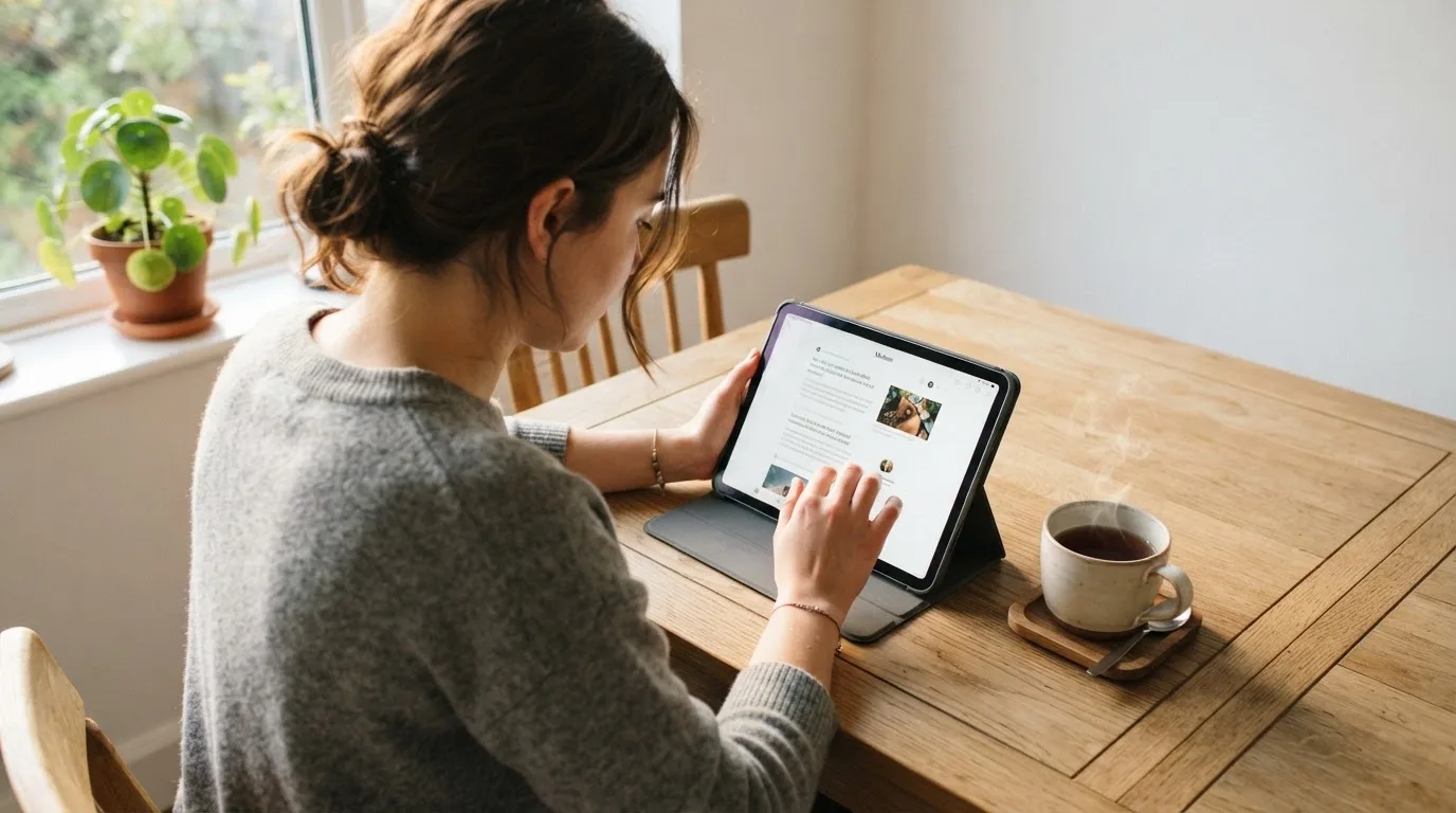 Adult tânăr stă la masa din sufragerie cu o tabletă în față și o cană de ceai, într-o cameră cu lumină naturală puternică.