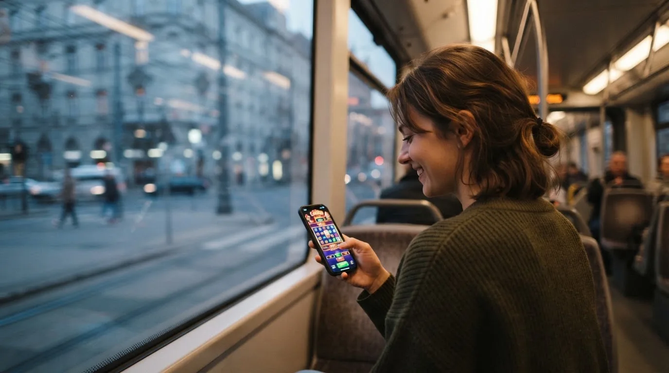 Tânără în tramvai ține telefonul cu ambele mâini și zâmbește, în timp ce afară se văd clădiri neclare în mișcare.