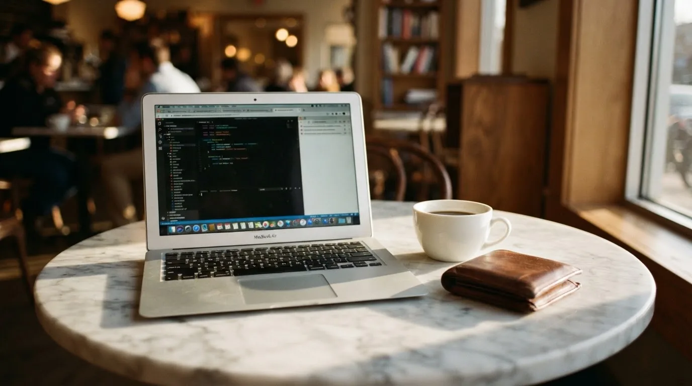Laptop deschis pe o masă de cafenea, lângă un portofel de piele și o cană, cu lumina după-amiezii pe suprafața mesei.