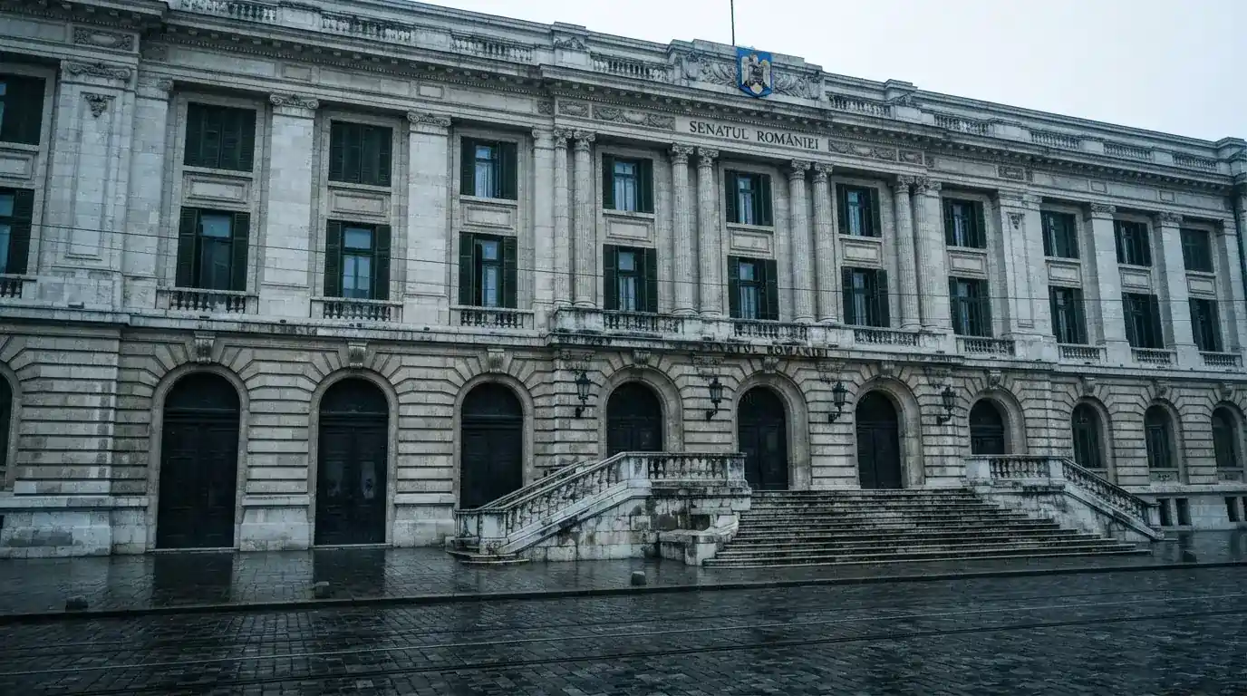 Fațada de piatră a unei clădiri guvernamentale din București, în lumina rece a zorilor — jocuri de ruletă în română