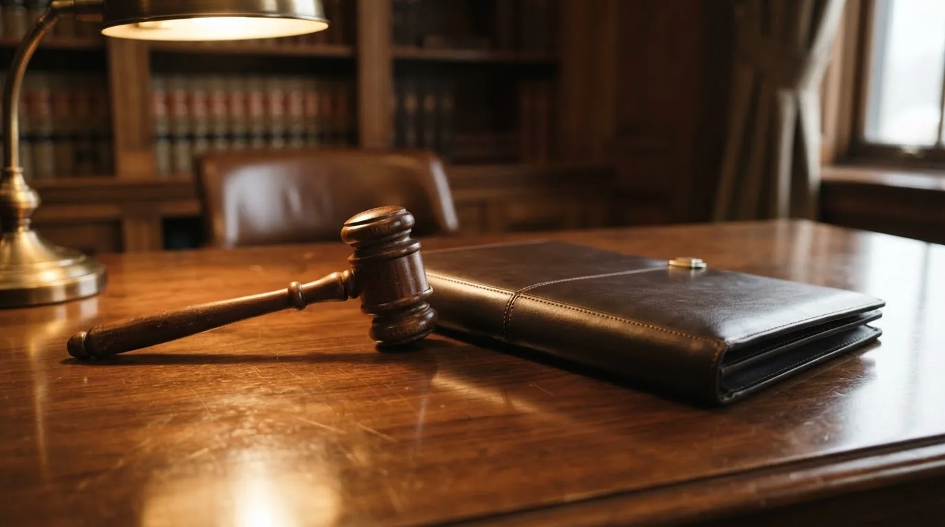 Un ciocan de judecător lângă un dosar de piele închis, pe o masă de nuc lustruit — live blackjack în românia